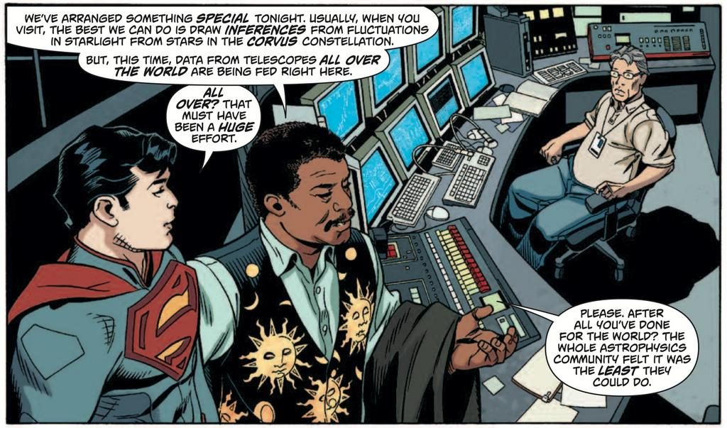 Comic book panel from Action Comics #14, January 2013, when Neil deGrasse Tyson helped Superman locate Krypton. Credit: DC Comics. All rights reserved.