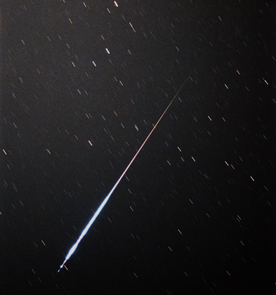 Photo of a Perseid meteor, Courtesy of Sky and Telescope