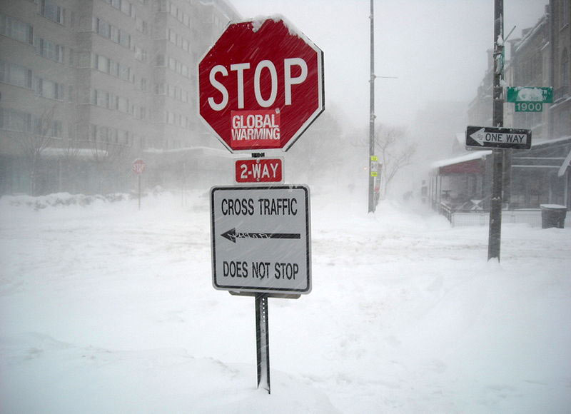 Photo of a stop sign reading "stop global warming," at 19th and Q in Washington D.C., during the 2nd North American blizzard of 2010. Image credit: AgnosticPreachersKid [CC BY-SA 3.0 (https://creativecommons.org/licenses/by-sa/3.0)], from Wikimedia Commons.