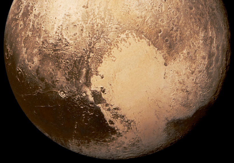 Photo showing Pluto's heart, in natural color, by NASA/Johns Hopkins University Applied Physics Laboratory/Southwest Research Institute.