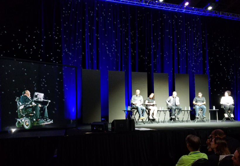 Stacey Severn’s photo of StarTalk Live! from FutureCon, showing holographic Stephen Hawking, Scott Adsit, Katherine Pratt, Chris Hadfield, Suveen Mathaudu, and Maeve Higgins