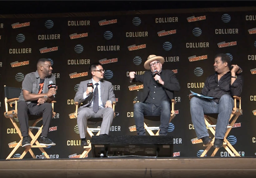 Photo from the main stage at NYCC 2017 showing, left to right, Chuck Nice, Matthew Liao, Adam Savage, and Neil deGrasse Tyson.