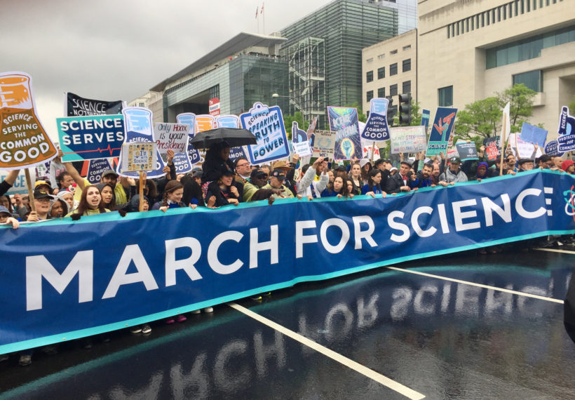 Photo showing Bill Nye at the 2017 March for Science in Washington, DC, by Becker1999, via Wikimedia Commons.