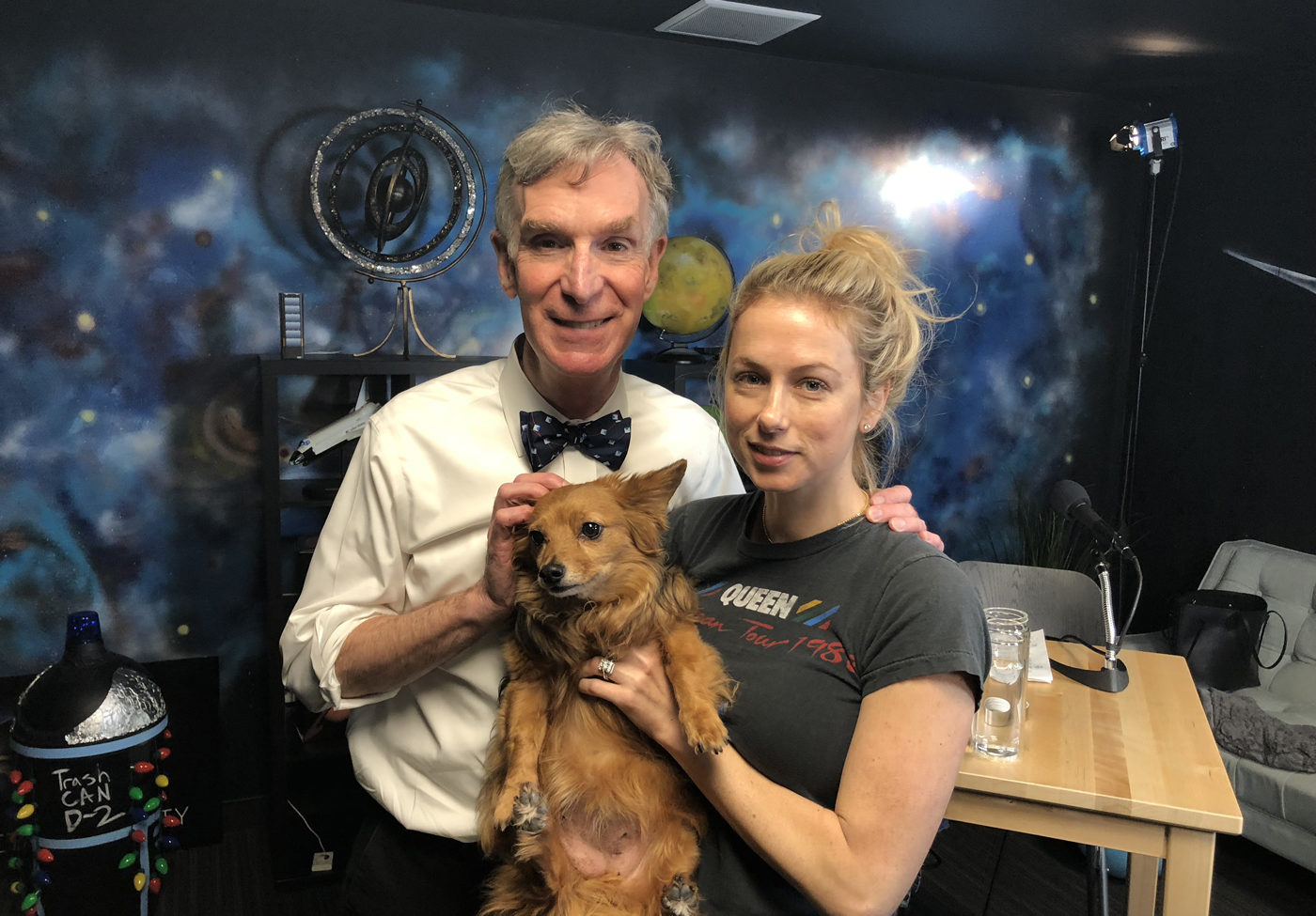 Ben Ratner’s photo of Bill Nye, Iliza Shlesinger, and Blanche in the Planetary Radio studio.