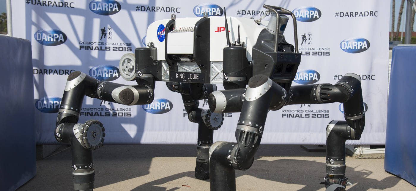 JPL's RoboSimian at the DARPA Robotics Challenge Finals in 2015. Photo Credit: J.Krohn, courtesy of JPL-Caltech.