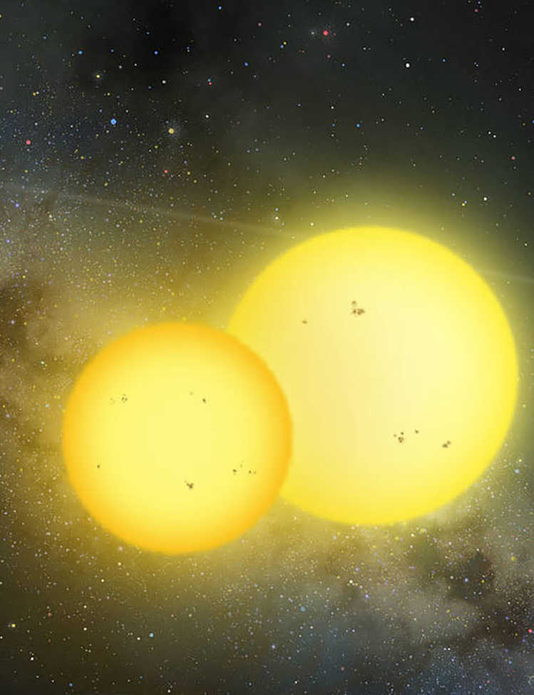 Detail from an artist’s rendering showing the Kepler-35 double star system. Image credit: Lynette Cook / extrasolar.spaceart.org.