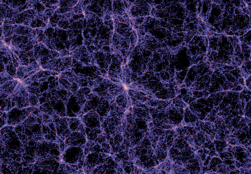 Simulated visualization of the Universe showing galaxies organized into the cosmic web credited to V.Springel, Max-Planck Institut für Astrophysik, Garching bei München.