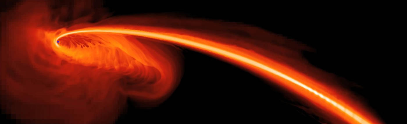 Computer-simulated image by NASA, S. Gezari (The Johns Hopkins University), and J. Guillochon (University of California, Santa Cruz) showing gas from a star that is ripped apart by tidal forces as it falls into a black hole in the galaxy PS1-10jh about 2.7 billion light years from Earth.