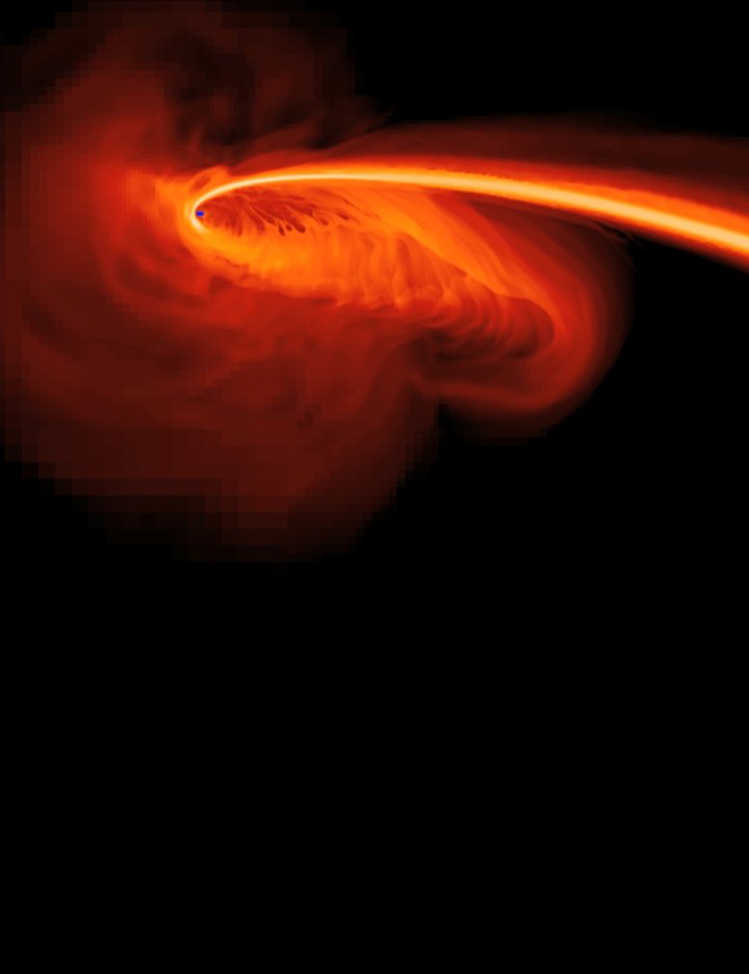 Computer-simulated image by NASA, S. Gezari (The Johns Hopkins University), and J. Guillochon (University of California, Santa Cruz) showing gas from a star that is ripped apart by tidal forces as it falls into a black hole in the galaxy PS1-10jh about 2.7 billion light years from Earth.