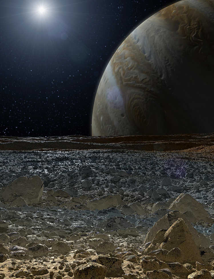 An Artist’s Rendering of Europa’s Surface as Jupiter Looms in the Background. Credit: NASA/JPL-Caltech.
