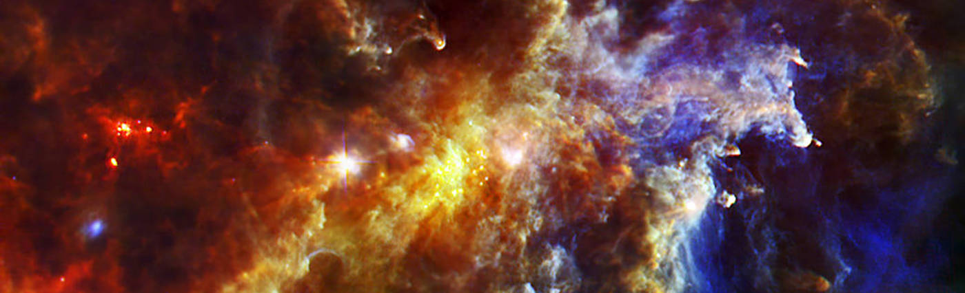 Dust clouds associated with the Rosette Nebula, a stellar nursery about 5,000 light-years from Earth in the Monoceros, or Unicorn, constellation, in an image from the ESA and the PACS, SPIRE & HSC consortia, F. Motte (AIM Saclay, CEA/IRFU - CNRS/INSU - U.ParisDidedrot) for the HOBYS key programme.