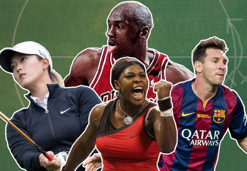 Photo montage of phenom athletes Michael Jordan, Lionel Messi, Serna Williams and Michelle Wie.