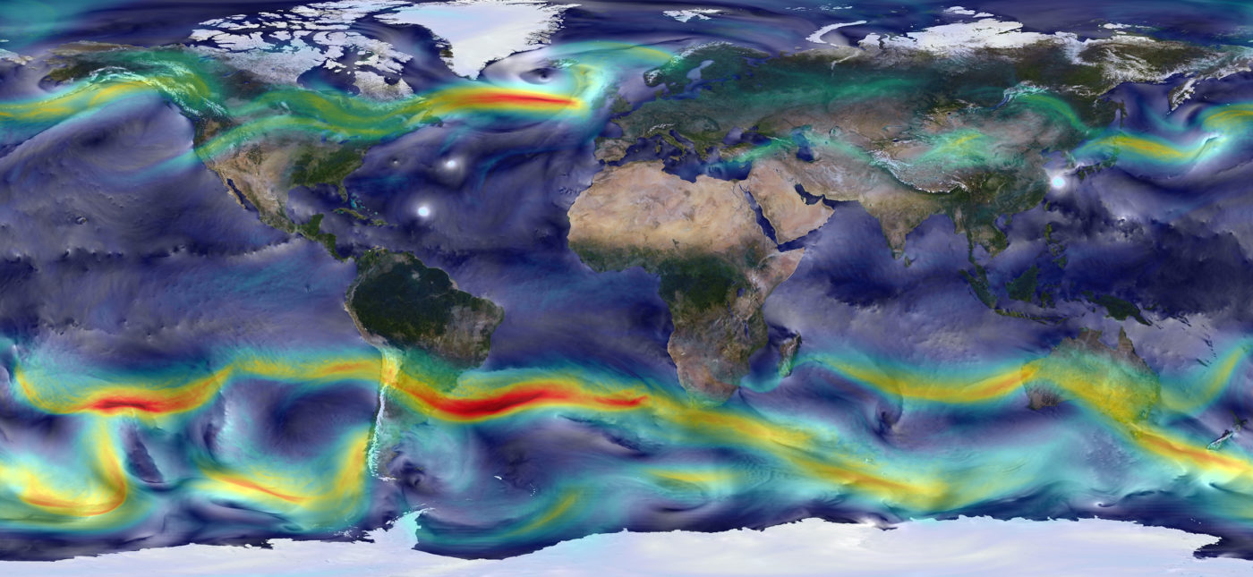 This visualization shows global winds from a GEOS-5 simulation using 10-kilometer resolution. Surface winds (0 to 40 meters/second) are shown in white and trace features including Atlantic and Pacific cyclones. Upper-level winds (250 hectopascals) are colored by speed (0 to 175 meters/second), with red indicating faster.