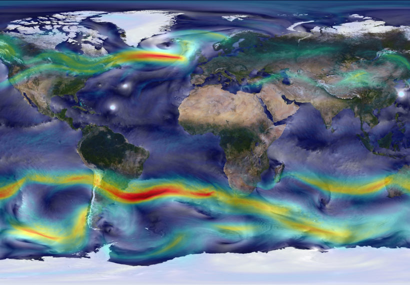 This visualization shows global winds from a GEOS-5 simulation using 10-kilometer resolution. Surface winds (0 to 40 meters/second) are shown in white and trace features including Atlantic and Pacific cyclones. Upper-level winds (250 hectopascals) are colored by speed (0 to 175 meters/second), with red indicating faster.