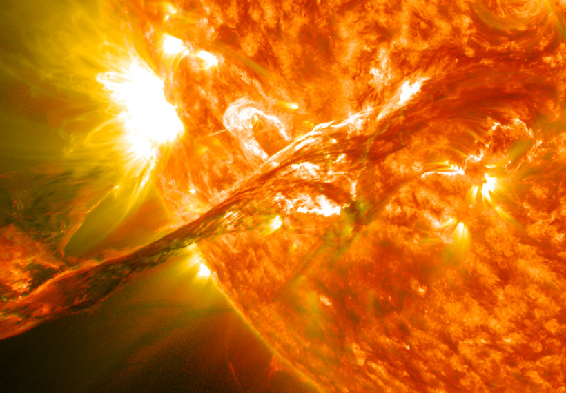 Filament of solar material from Sun erupting into space as a coronal mass ejection, traveling at over 900 miles per second.