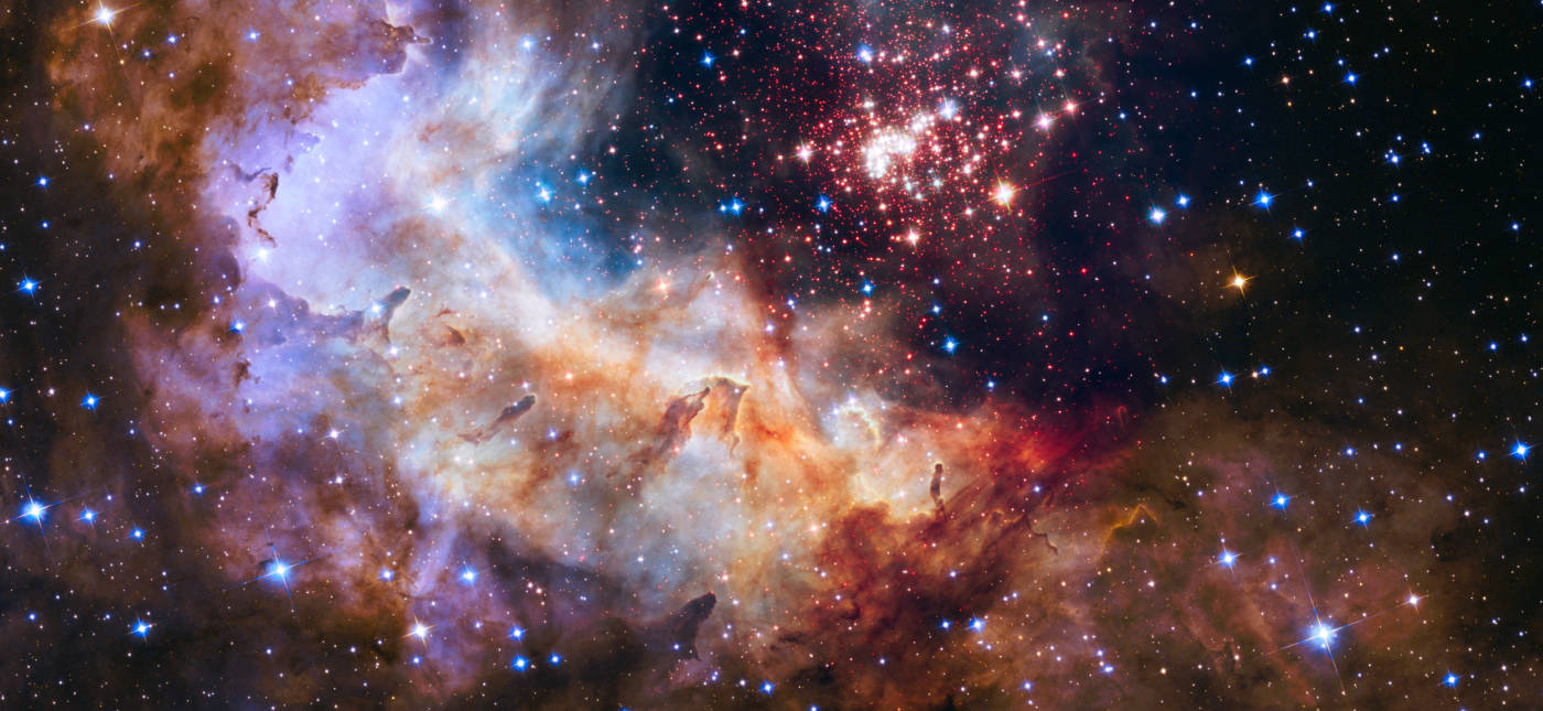 NASA’s photo of the star cluster Westerlund 2 in the Milky Way galaxy, with an estimated age of about one or two million years. It contains some of the hottest, brightest, and most massive stars known.