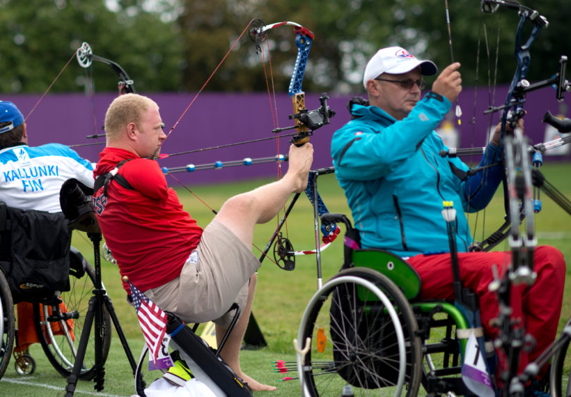 U.S. archer Matt Stutzman participates in the 2012 Paralympic Games in London, Aug. 30, 2012.